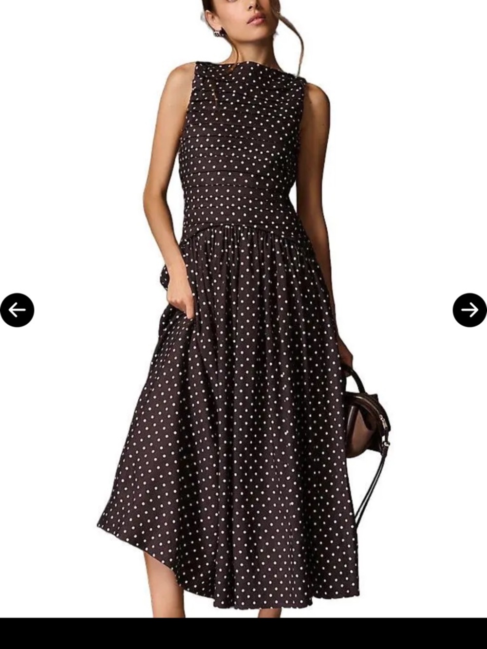 Lovaan Val Linen Blend boatneck brown polka-dot Midi Dress- NWT